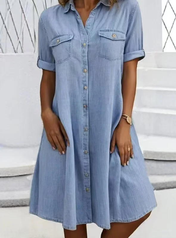Women's Denim Dress Short Sleeve Lapel Single Breasted Denim Dress