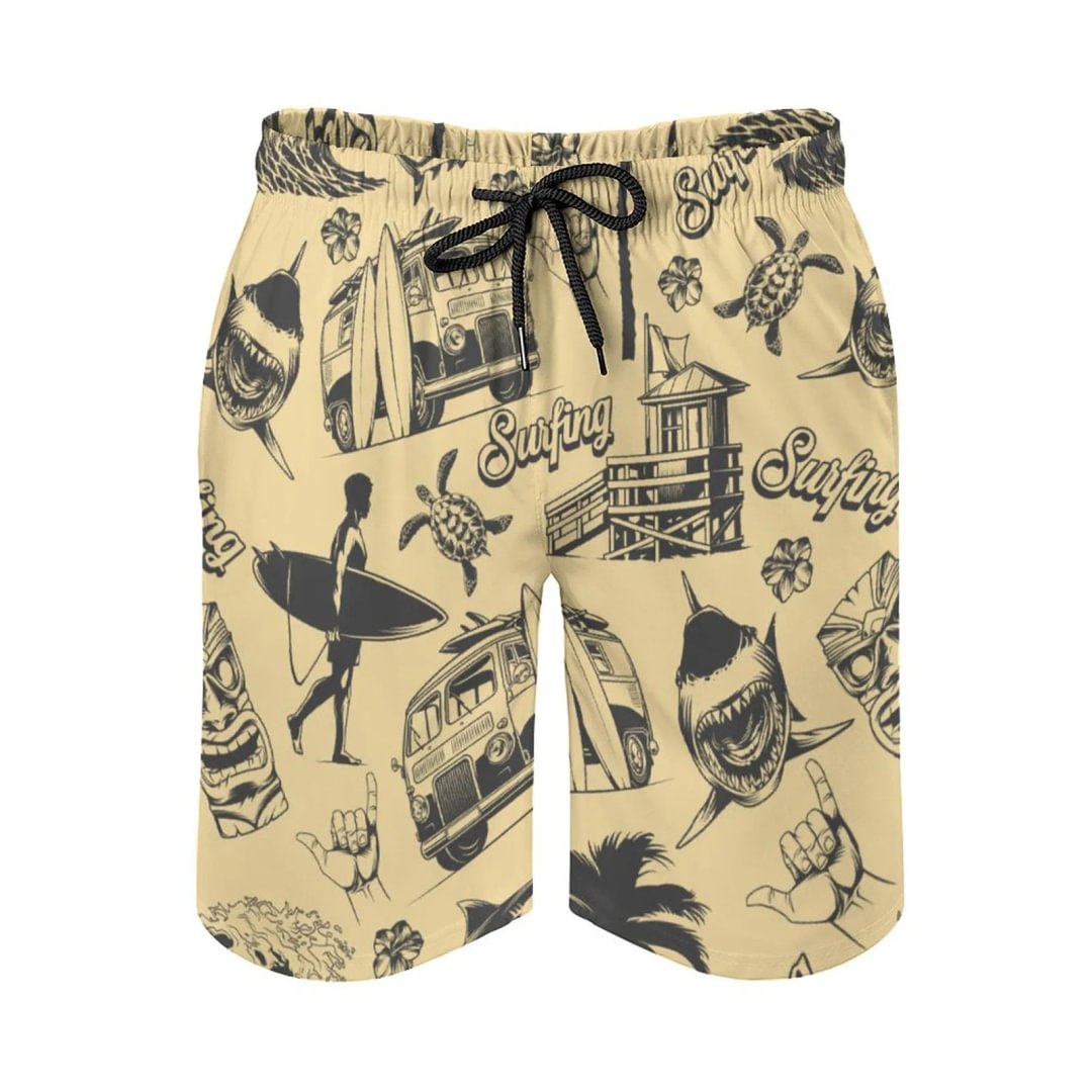 Vintage Shaka Sign Hang Loose Hawaii Aloha Surfing Men's Beach Shorts Classic Quick Dry Board Swim Trunks with Mesh Lining