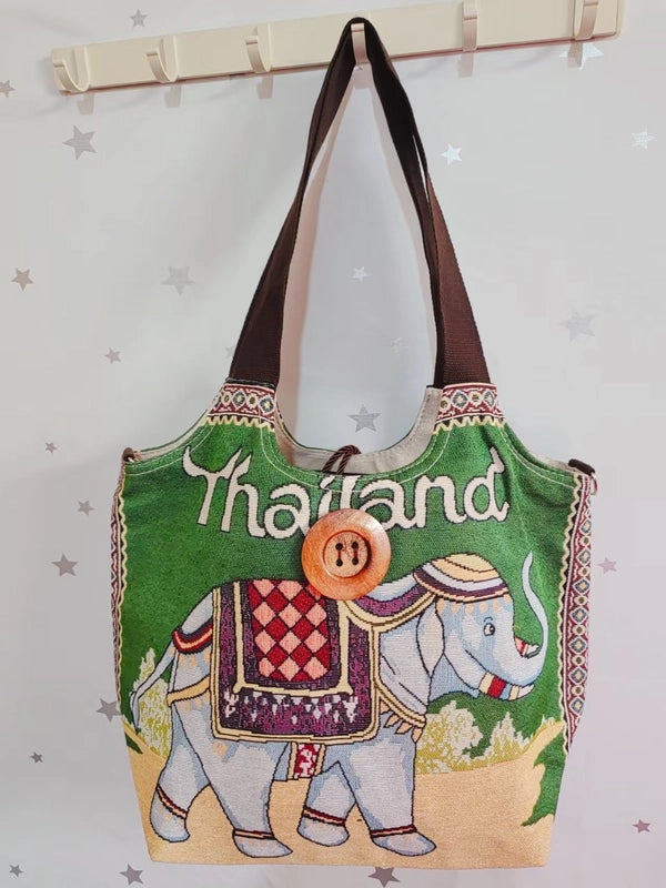 Women’s Large Canvas Elephant Ethnic Style Square Zipper Shoulder Bag