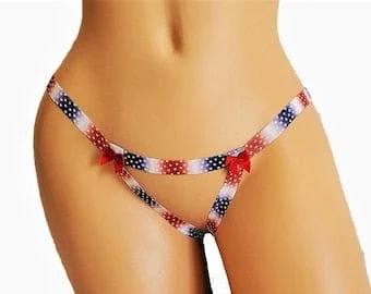 Pornhint American Flag Crotchless Lingerie Thong Panty, Open Crotch USA Red White and Blue Stars Sexy Underwear, Erotic BDSM Harness Panty