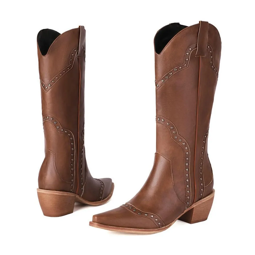 Brown Block Heel Snip Toe Studded Mid Calf Cowboy Boots for Women