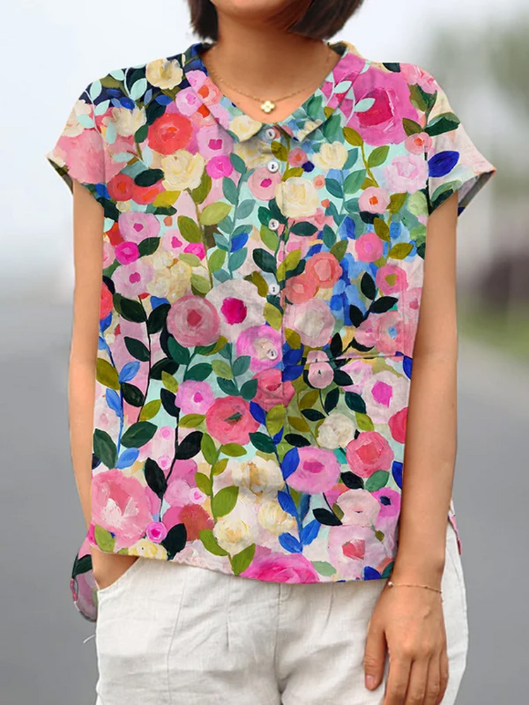 Women's Floral Print Casual Cotton And Linen Short-Sleeved Shirt