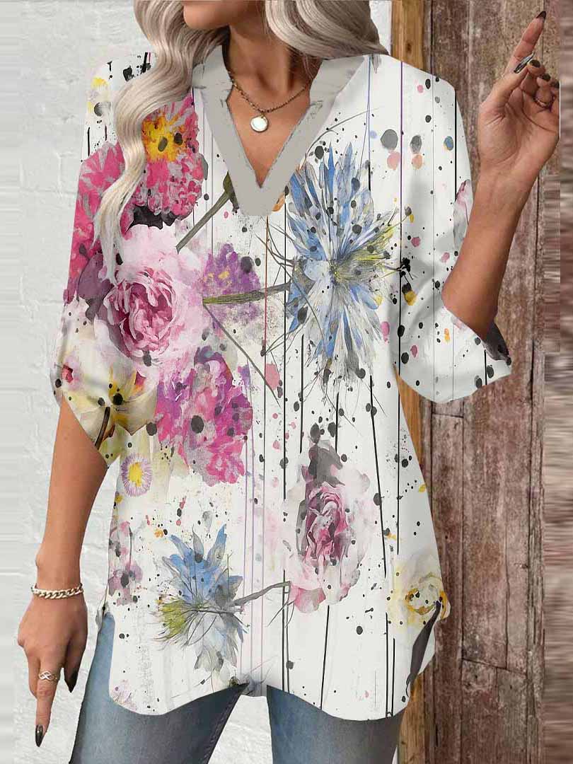 Women Floral,Ink Painting,Red DZGA0579 3/4 Sleeve V-neck Printed Graphic Button Tops