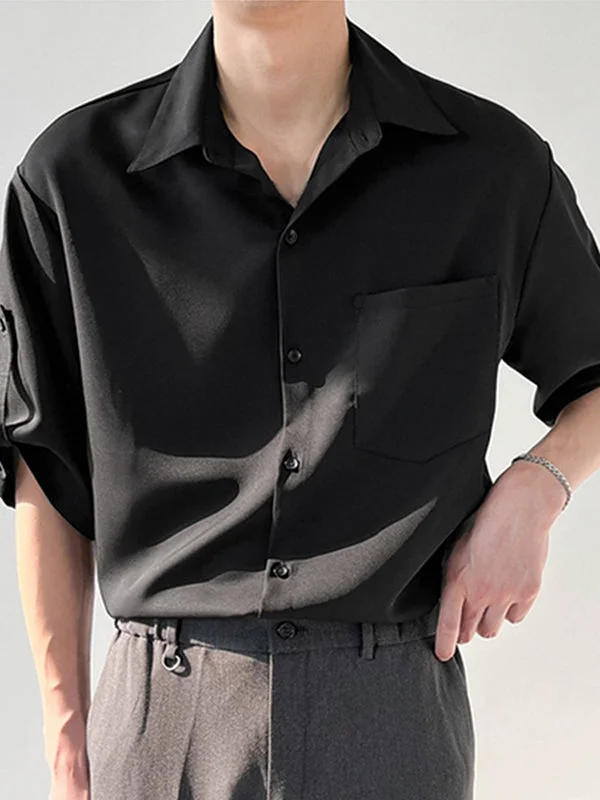Aonga - Mens Solid Roll-Up Lapel Collar ShirtJ aonga