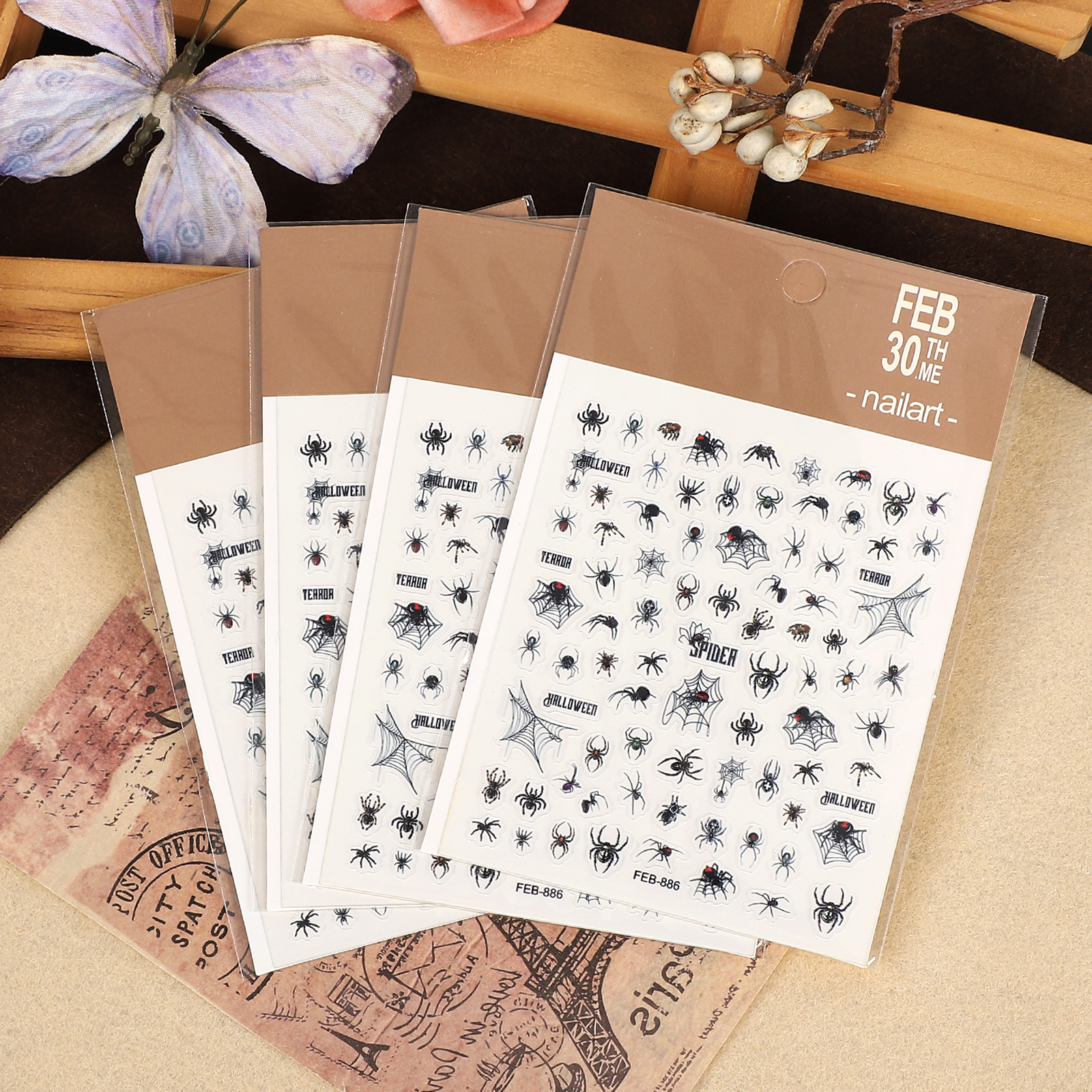 PET 스티커 - 2개/세트 빈티지 다크 스파이더 웹 데빌 호박 네일 패치