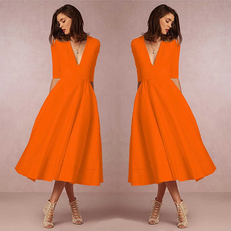 Gathered Half Sleeve A-Line Cocktail Midi Dress