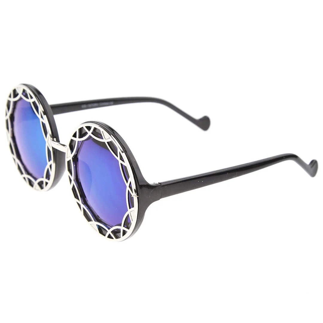 Women's Oversize Ornate Flat Pattern Color Mirror Lens Round glasses 55mm