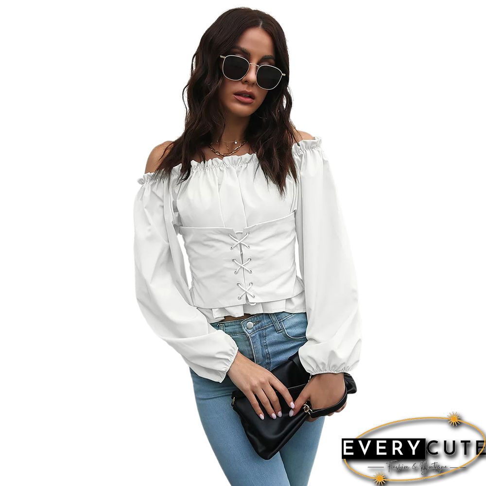 White Off Shoulder Slim Fit Lace-up Blouse