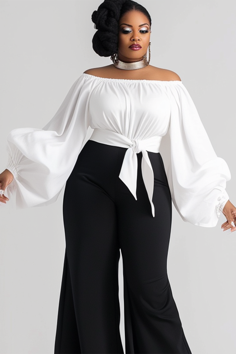 Design Plus Size Semi Formal Off The Shoulder Lace Up Lantern Sleeve Wide Leg Two Pieces Pants Set [Pre-Order]