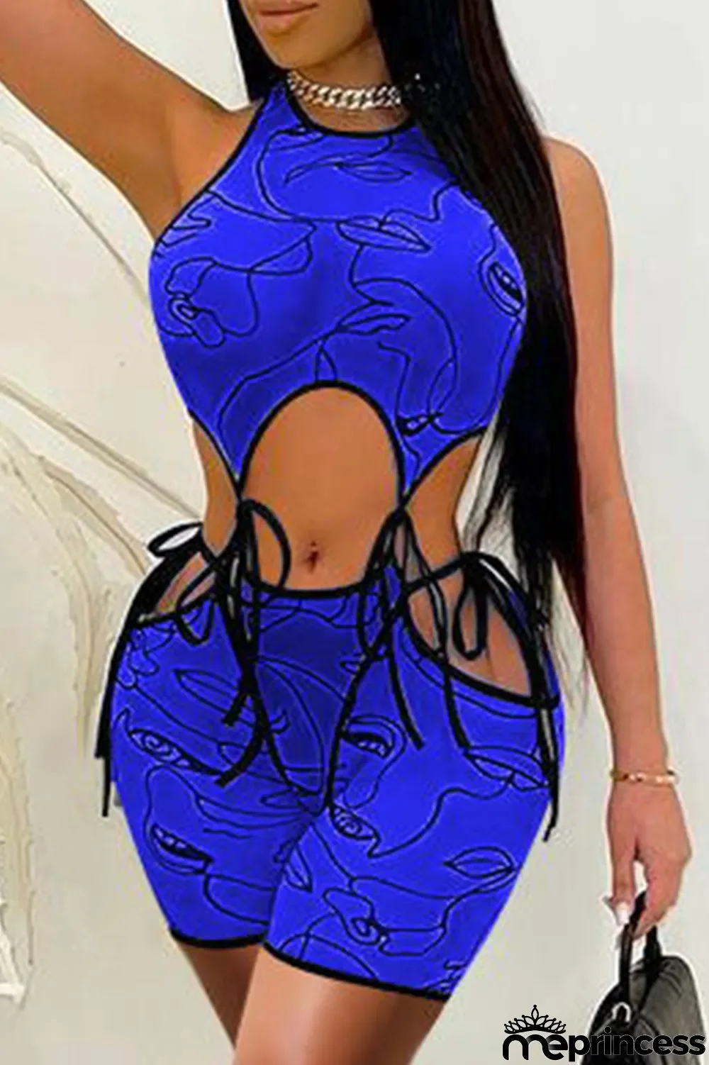 Royal Blue Sexy Print Hollowed Out U Neck Sleeveless Two Pieces