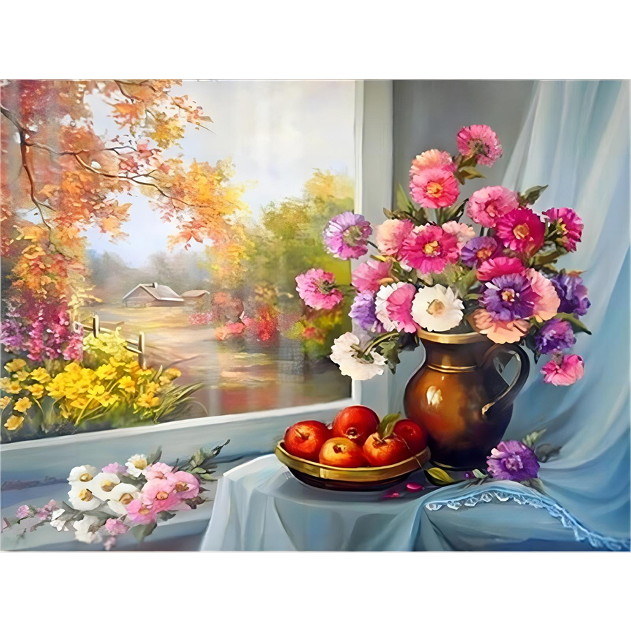 Flower tray scenery by the window 40*50CM(Canvas) Full Round Drill Diamond Painting gbfke