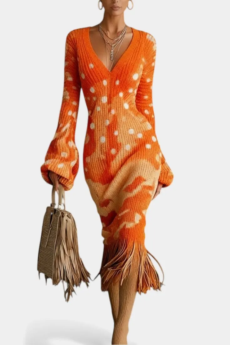 V-Neck Camo Fringe Midi Dress with Bell Sleeves
