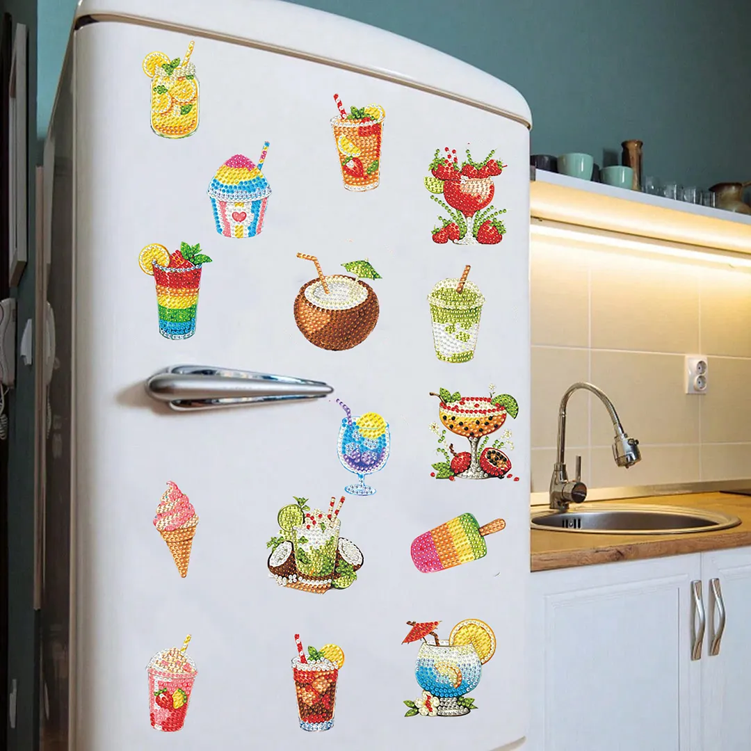 20pcs Drinks 2D/flat Acrylic DIY Diamond Painting Magnets Food DIY Art Fridge Magnet Refrigerator Sticker Food Design Refrigerator Diamond Art Magnets Crystal Art Craft for Adults Beginners