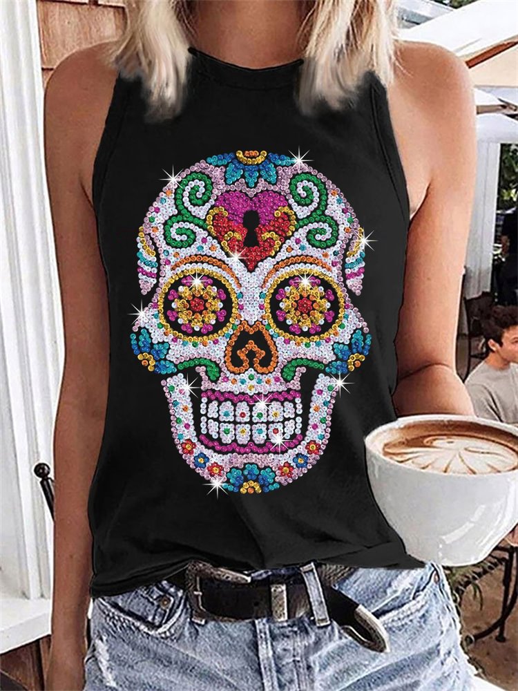 Day Of The Dead Sugar Skull Sequins Print Tank Top