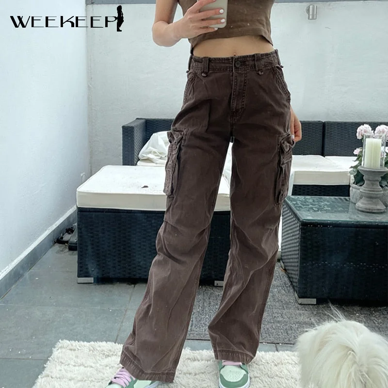 Weekeep Streetwear Baggy Denim Jeans Women High Waist Pockets Patchwork Casual Cargo Pants Harajuku Vintage Brown Straight Jeans