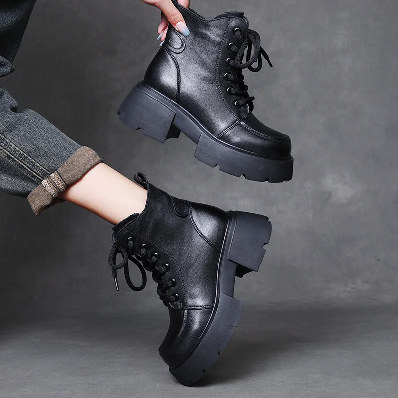 Yyvonne Layer Of Cow Skin English Wind Martin Boots 2025 Autumn And Winter New Round Head Thick Bottom Increase Plus Velvet Warm Short Boots