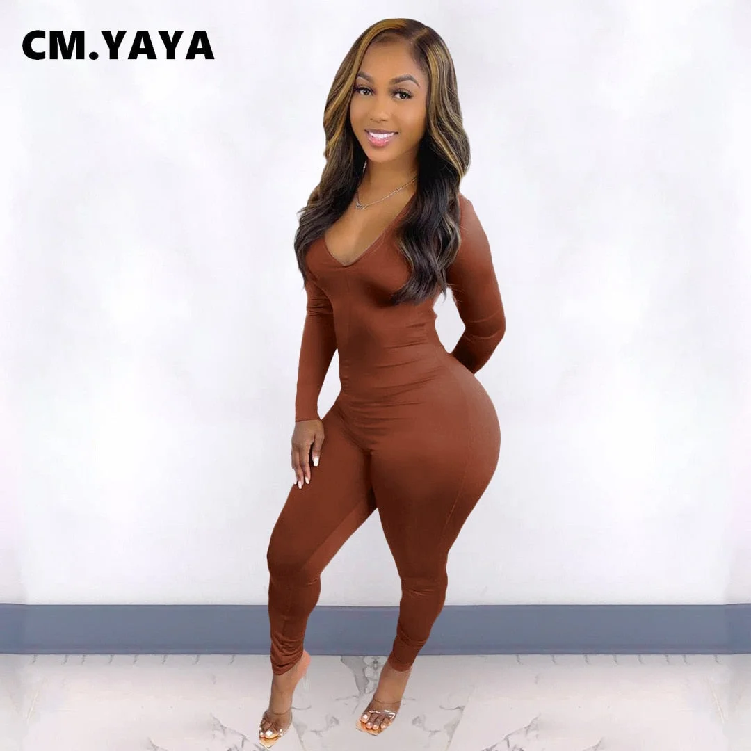CM.YAYA Women Long Sleeve Ruched Open Back V-neck Jumpsuit Streetwear Sexy Party Solid High Waist One Piece Overall Playsuits