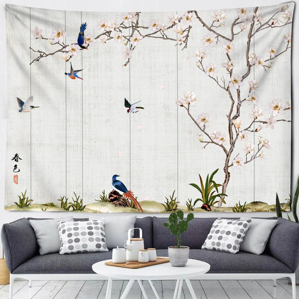 Flower Bird Oil Painting Tapestry Wall Hanging Bohemian Hippie Witchcraft Art Psychedelic Table Mat Home Decor