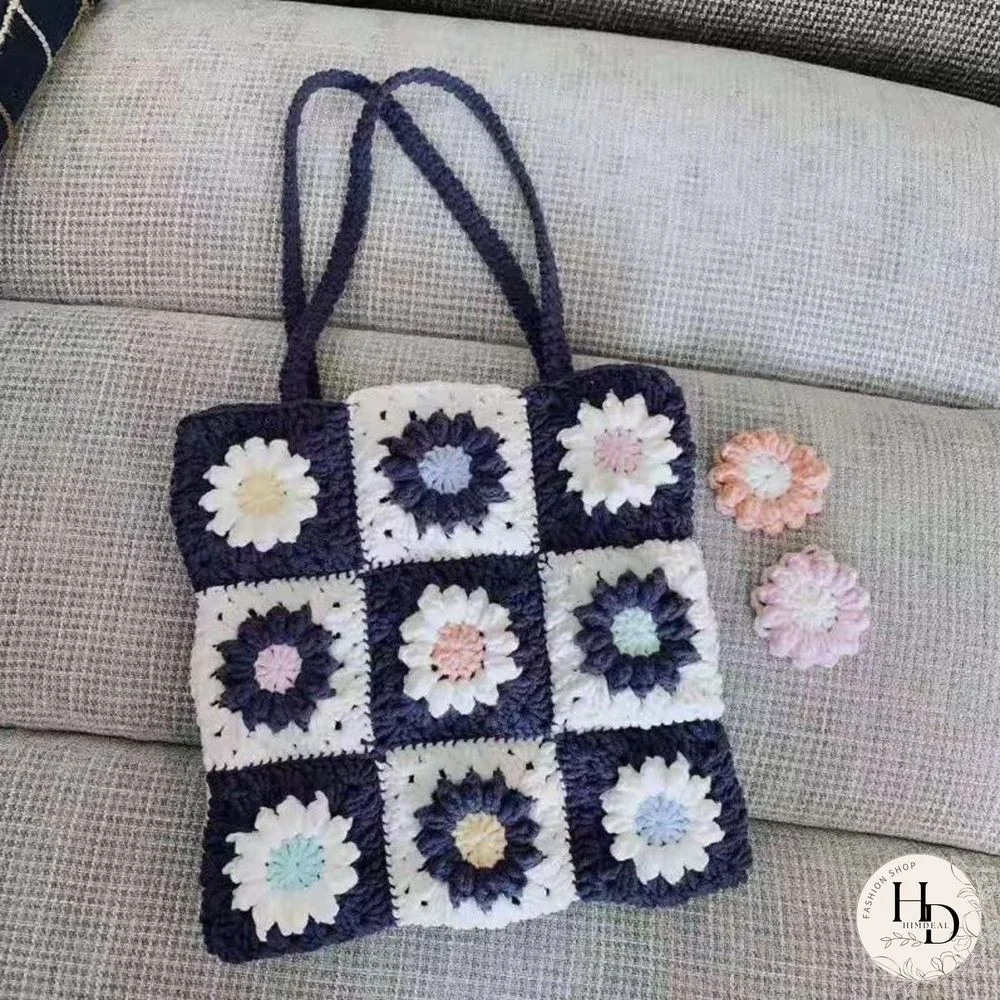 Multi Colors Hand Woven Knit Summer Sunflower Daisy Flowers Tote Bag
