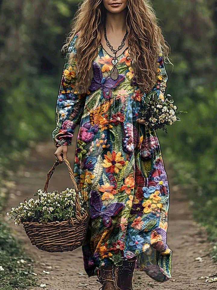 Women's Vintage Lovely Floral Butterfly Art Print Pocket Cotton Dress
