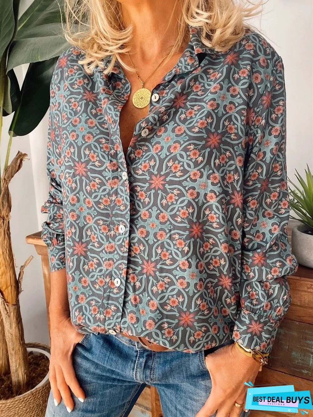 Green Printed Cotton Long Sleeve Casual Blouse & shirt