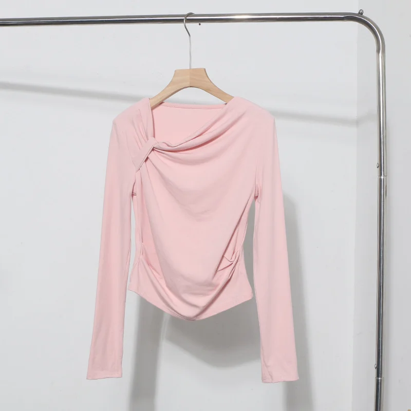 Uveng Side Bow Tie Design Folded Long-Sleeved T-Shirt Slim Thin Autumn Dress T-Shirt Short Top 1662