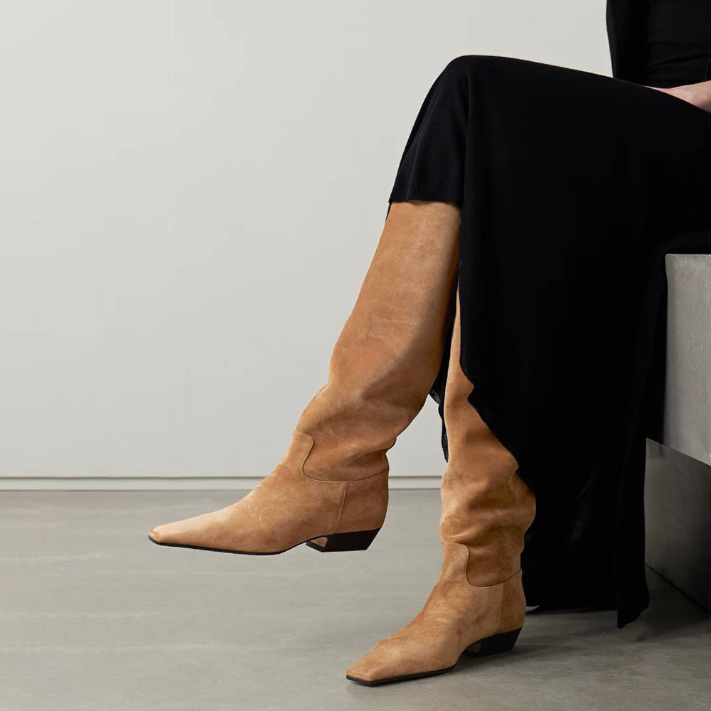 Khaki Vegan Suede Chunky Heel Knee High Boots with Square Toe Nicepairs
