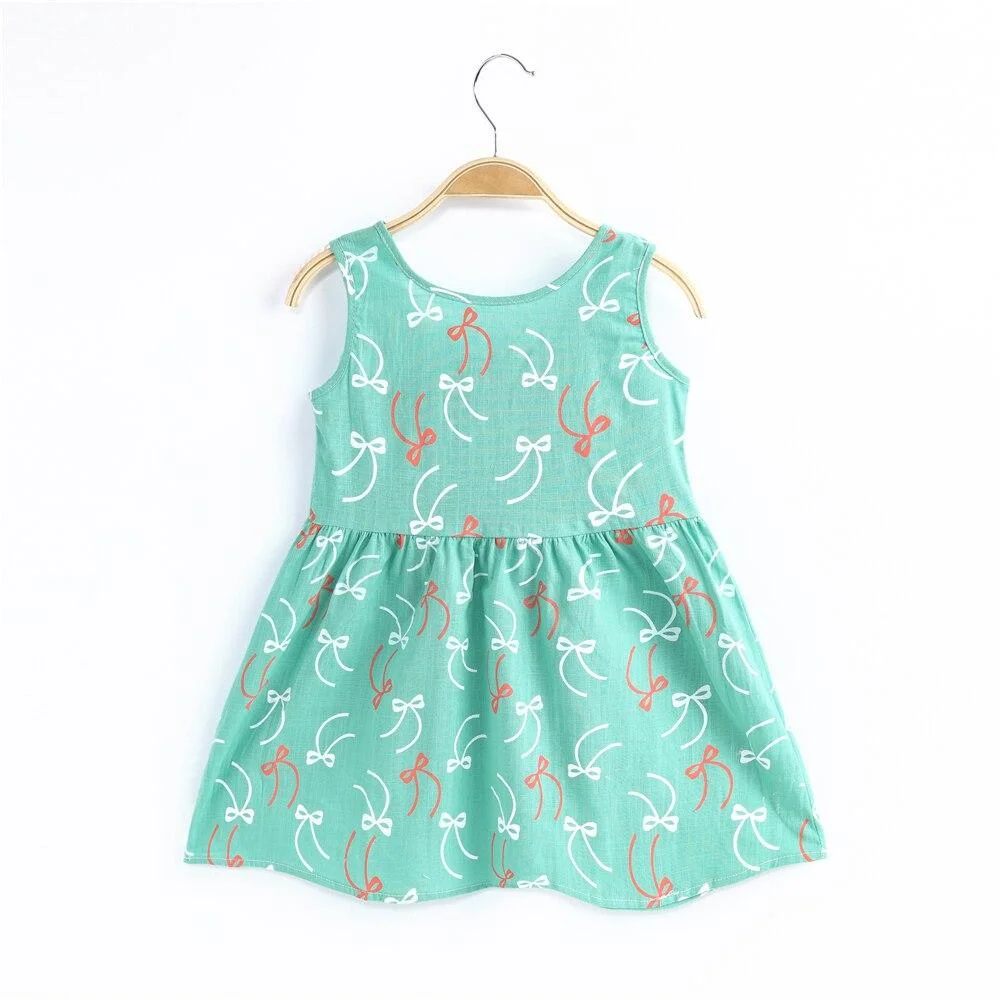 Kids Dress Summer Girl Flower Print Bowknot Back Straps Princess Dress Children Sleeveless Cotton Dresses Baby Girls Clothes