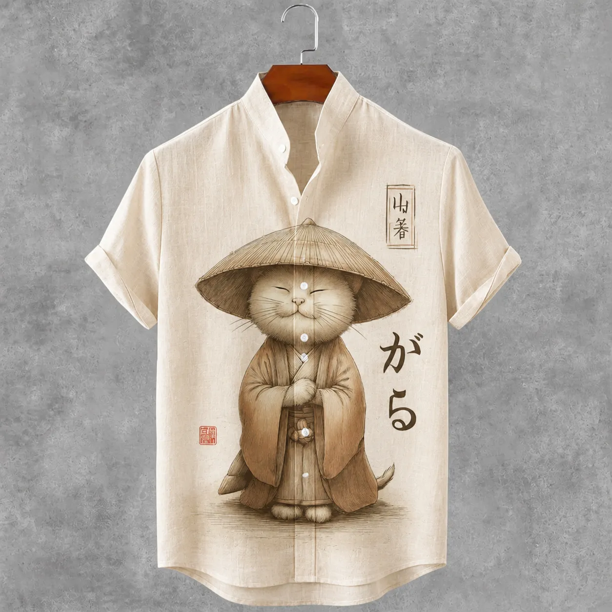 Men's Retro Japanese Style Cat Print Linen Blend Short-sleeve Shirt  artssus
