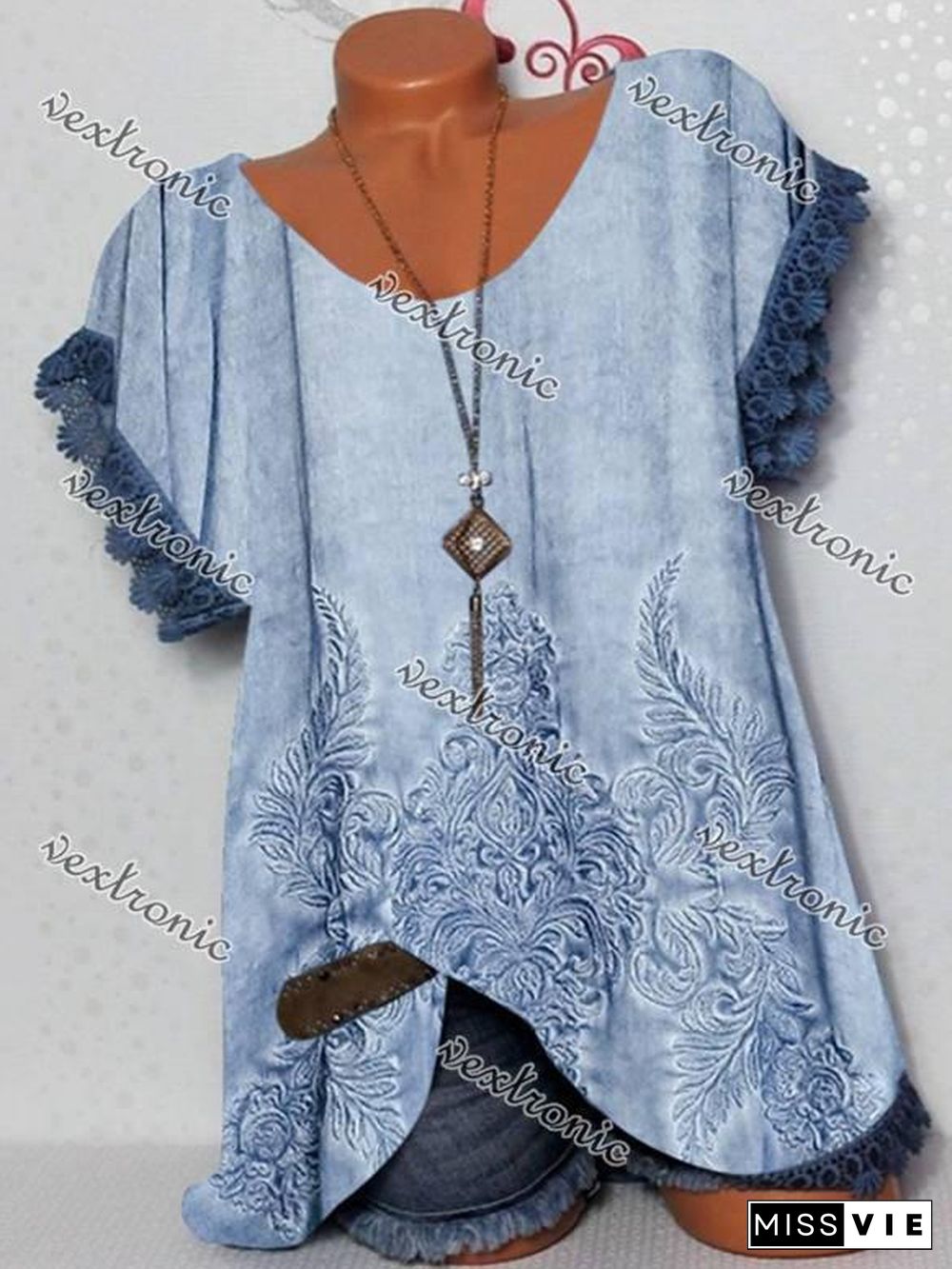 Women Short Sleeve Scoop Neck Lace Stitching Floral Printed Tops