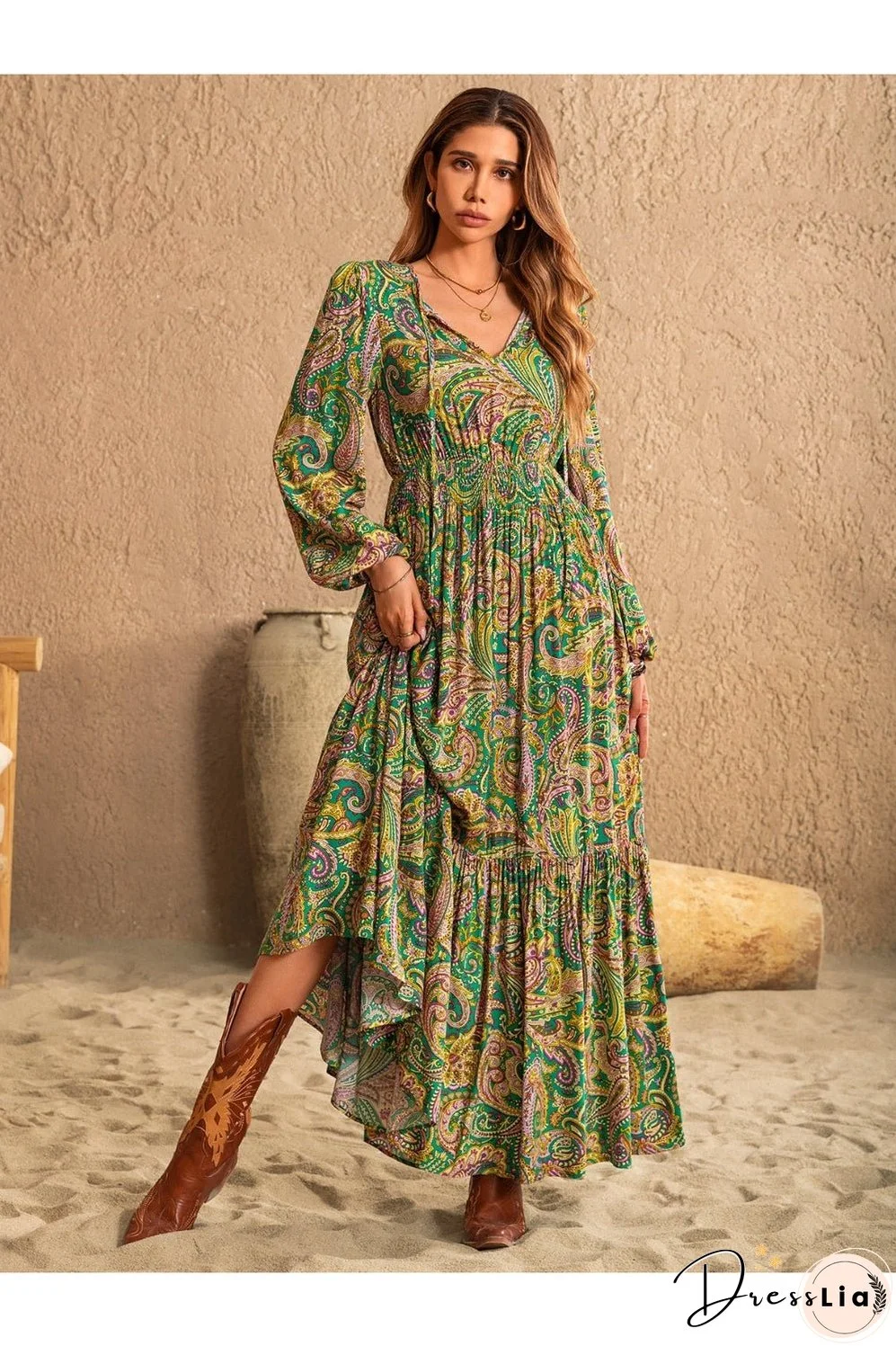 Printed Tie Neck Long Sleeve Dress