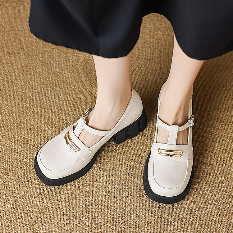 T-Strap Buckle Metal Decor Patchwork Round Toe Chunky Heel Loafers