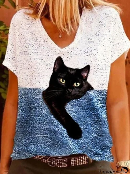 Cat Print Short Sleeve V-Neck Casual T-Shirt