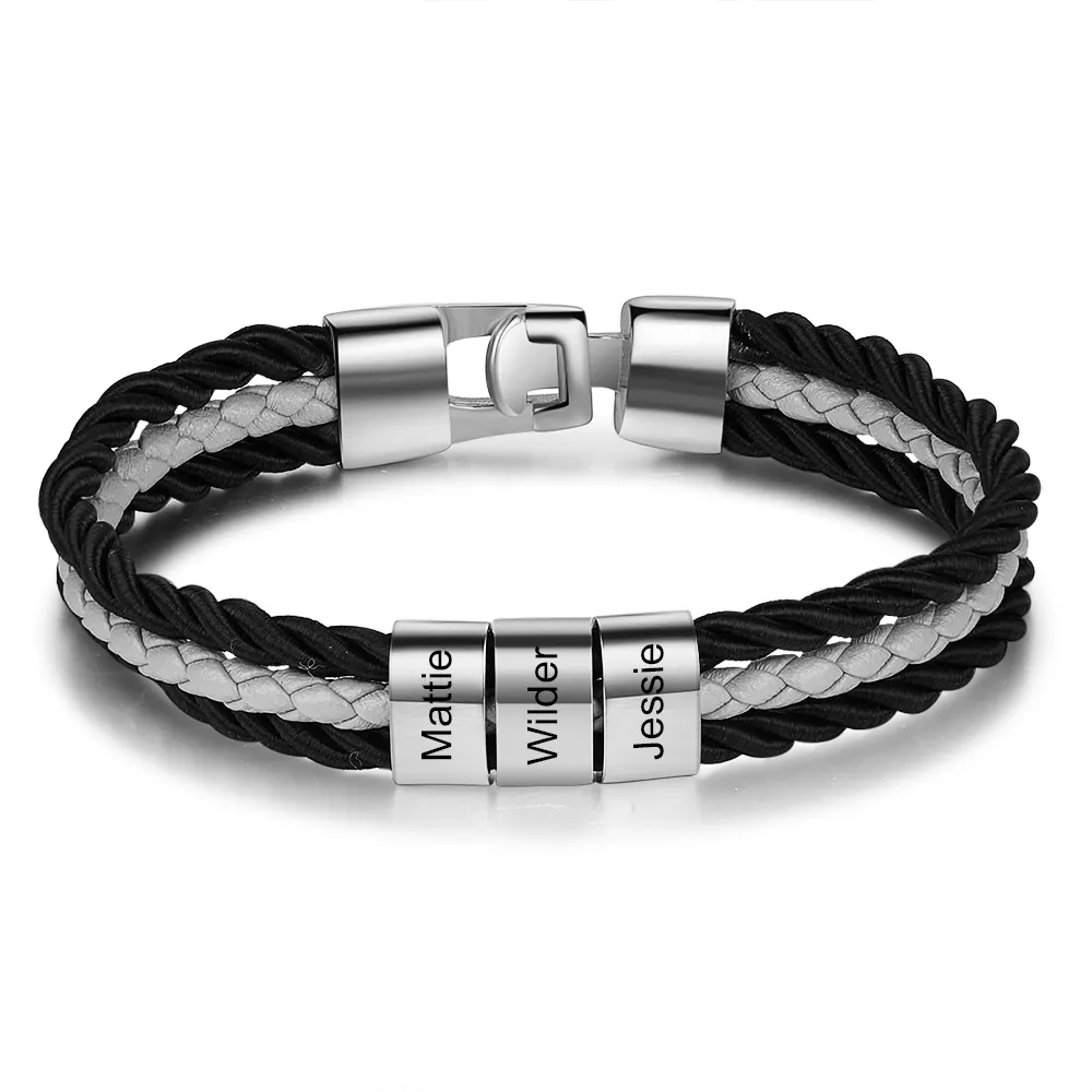 Bracelet Homme Cuir Tressé Personnalisé Avec Perles - Gravure Prénoms, Cadeau Original Pour Homme