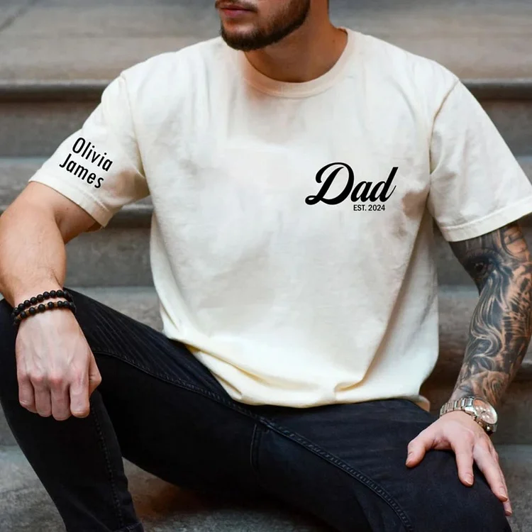 （2 pieces for $4 off, 3 pieces for $8 off）Personalized Dad Shirt with Kids Names Arm,  Custom Dad Shirt, Est Date Dad Shirt,Childs Names Tee