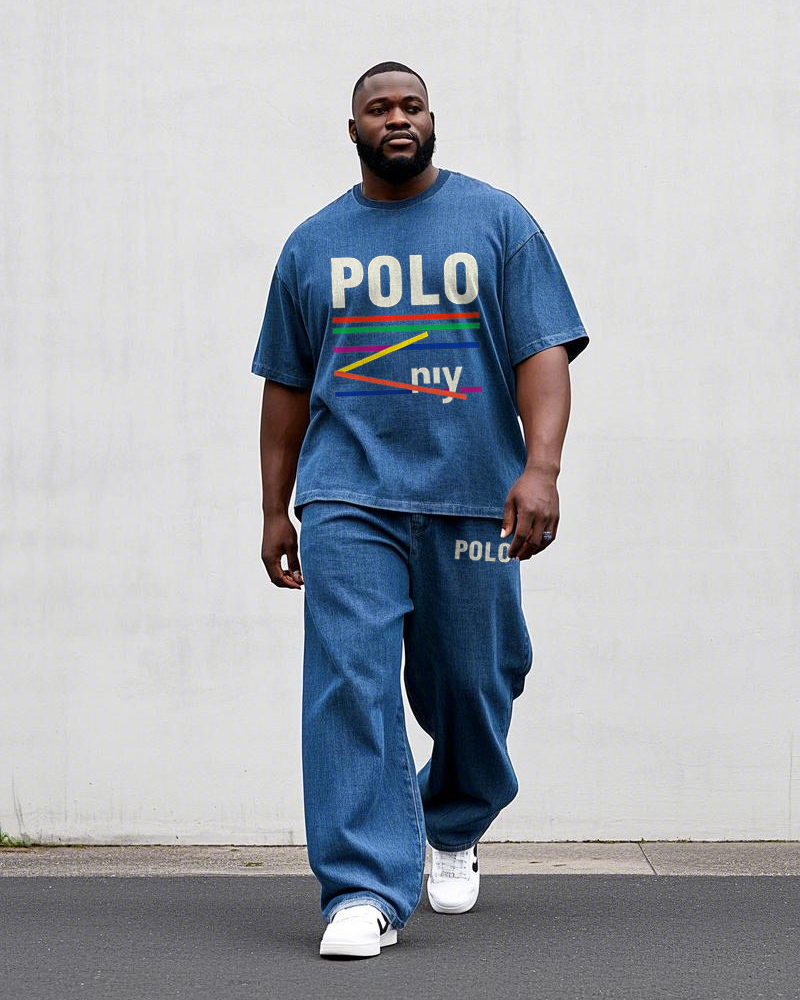 Men's Blue Washed Denim POLO Letter Colorful Stripes Printed Big Size Short Sleeve T-shirt Pants Set