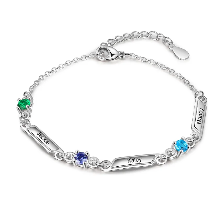 Personalized Family Name Bracelet With 3 Birthstones Engraved Names Gift For Her