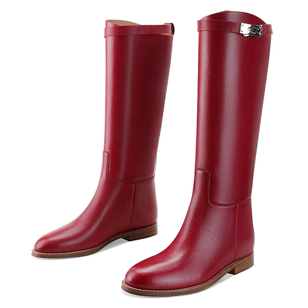 Fashion Red Round Toe Slip On Knee High Flat Boots for Women