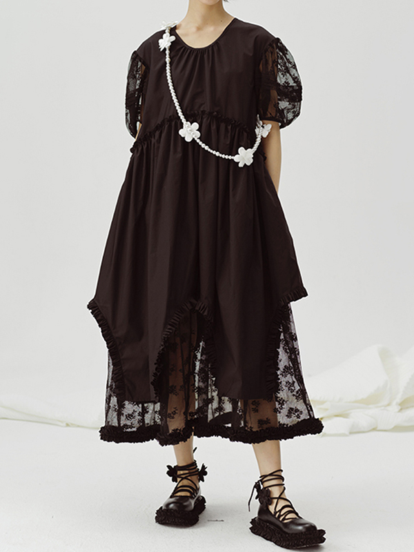 Short Sleeve Ruched Patchwork Lace Midi Dress
