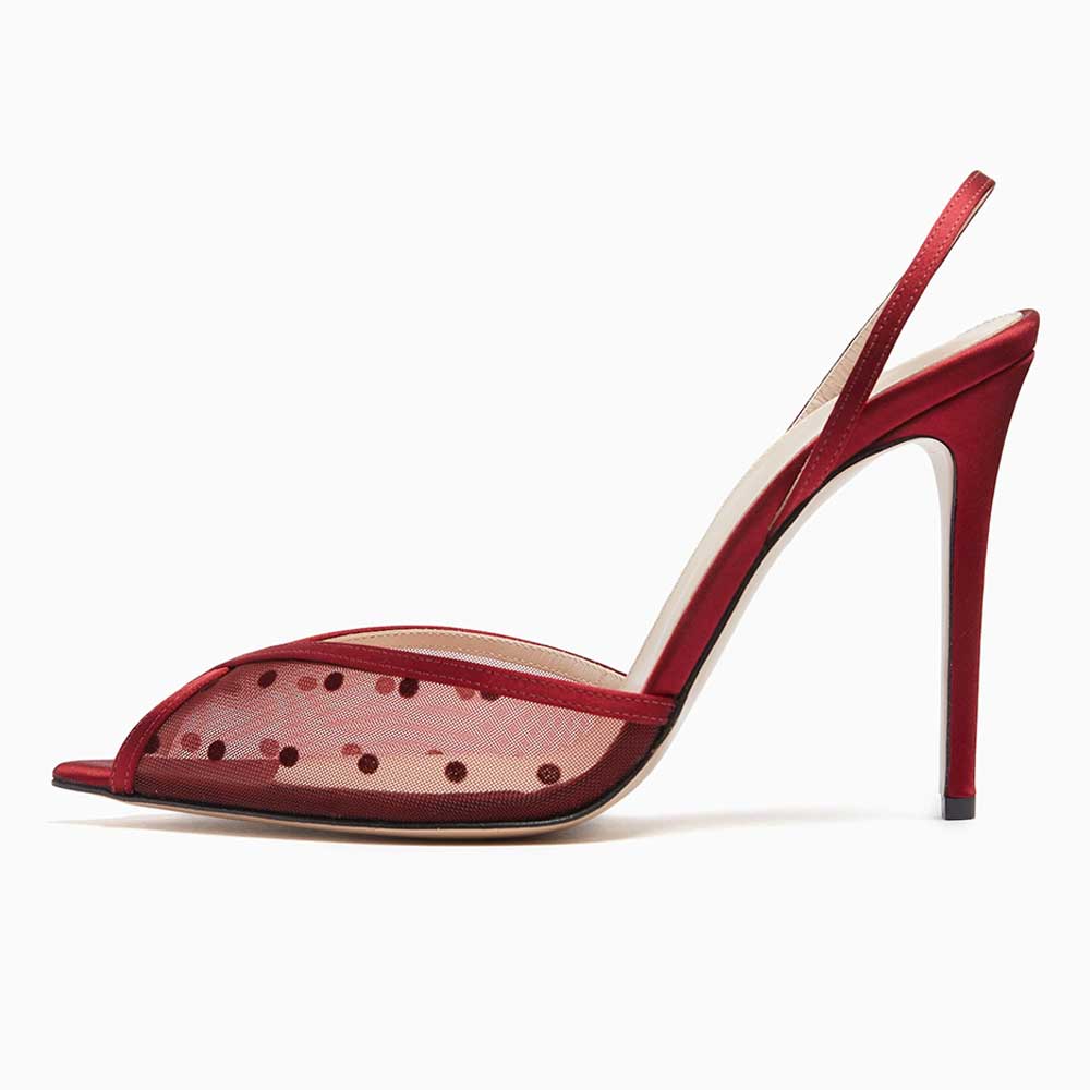 Elegant Maroon Peep Toe Satin & Dots Mesh Slingback High Heels