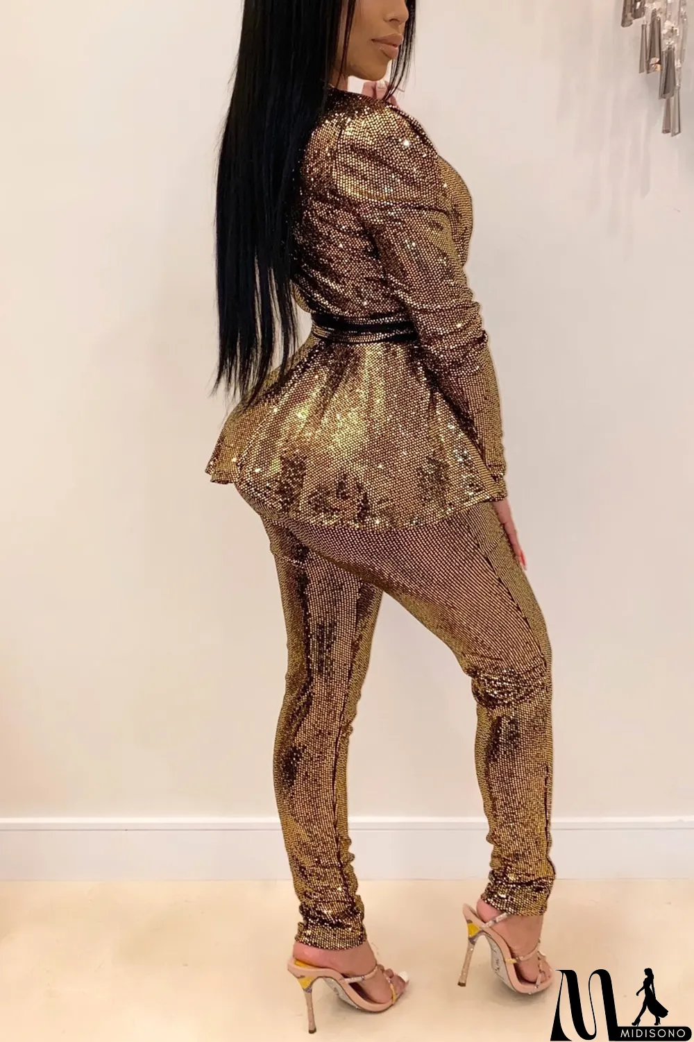 MidiSono - Black Fashion Slim Long-Sleeve V-Neck Two-Piece Set