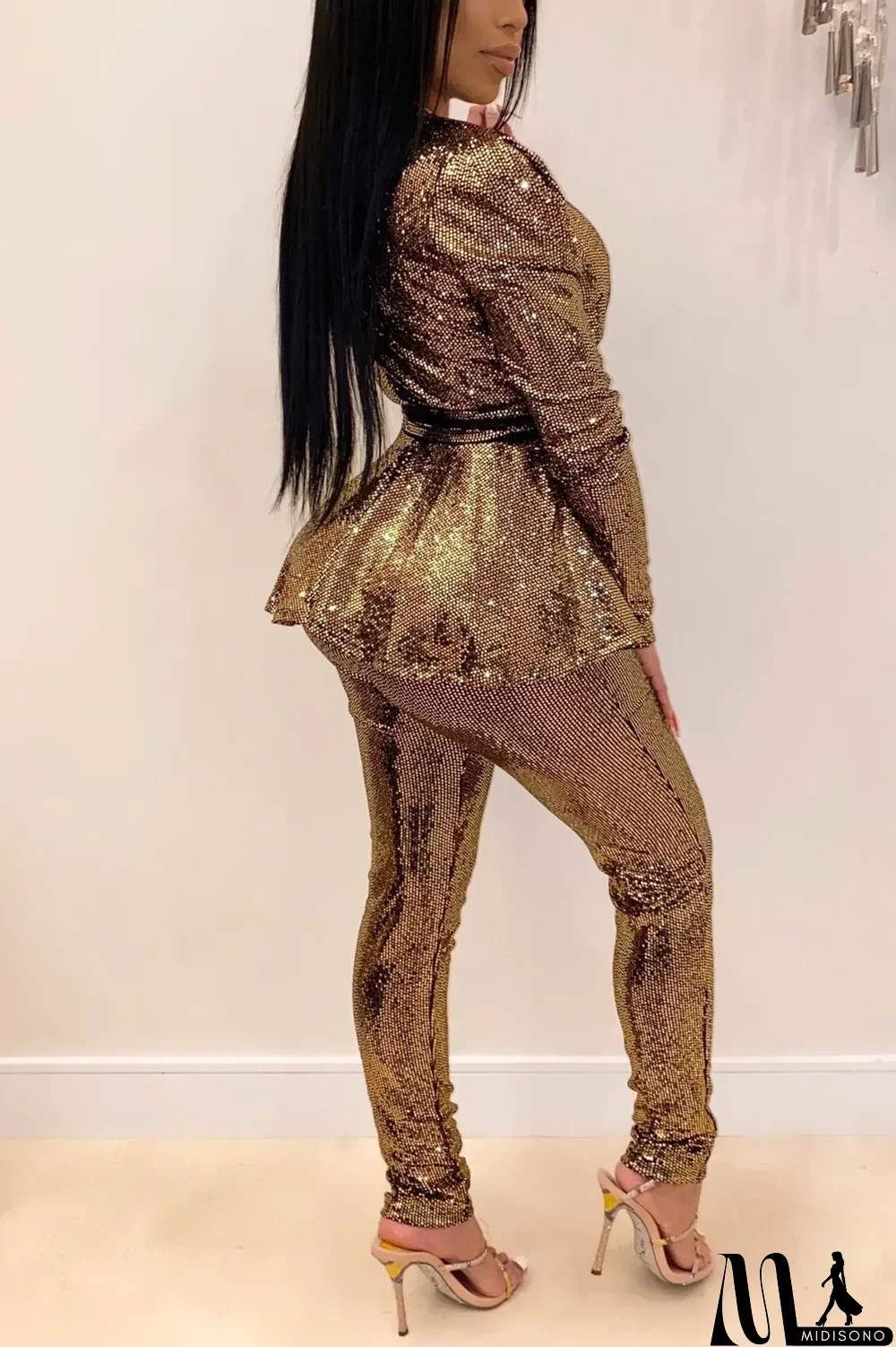 MidiSono - Black Fashion Slim Long-Sleeve V-Neck Two-Piece Set