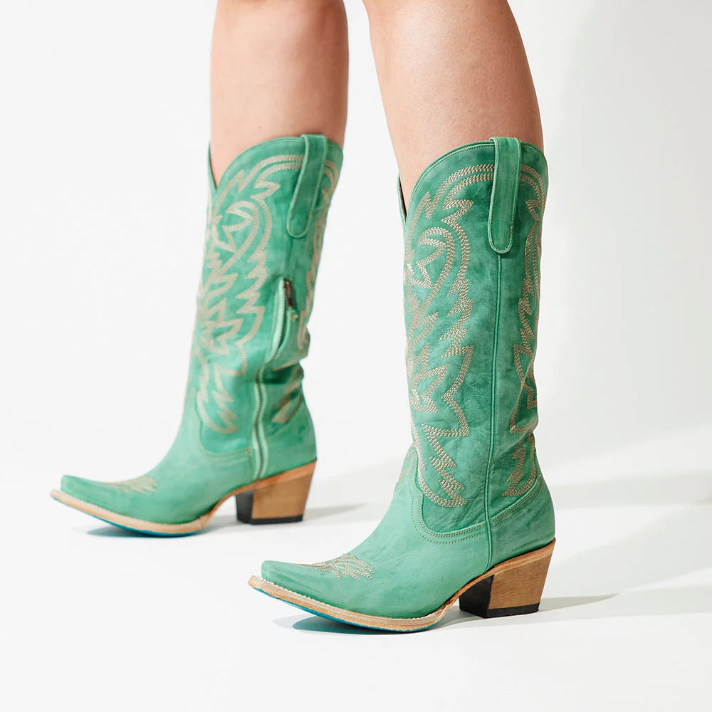 Green Vegan Suede Snip Toe Mid-Calf Cowgirl Boots with Chunky Heels Nicepairs
