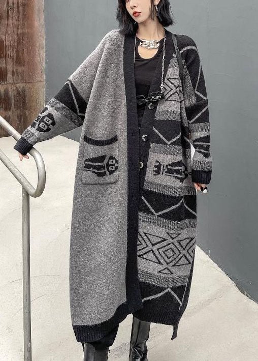 Stylish Grey V Neck Asymmetrical Design Print Knit Lazy Long Coats Long Sleeve