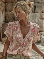 Retro Boho Floral Pattern Women's Short-sleeve Top