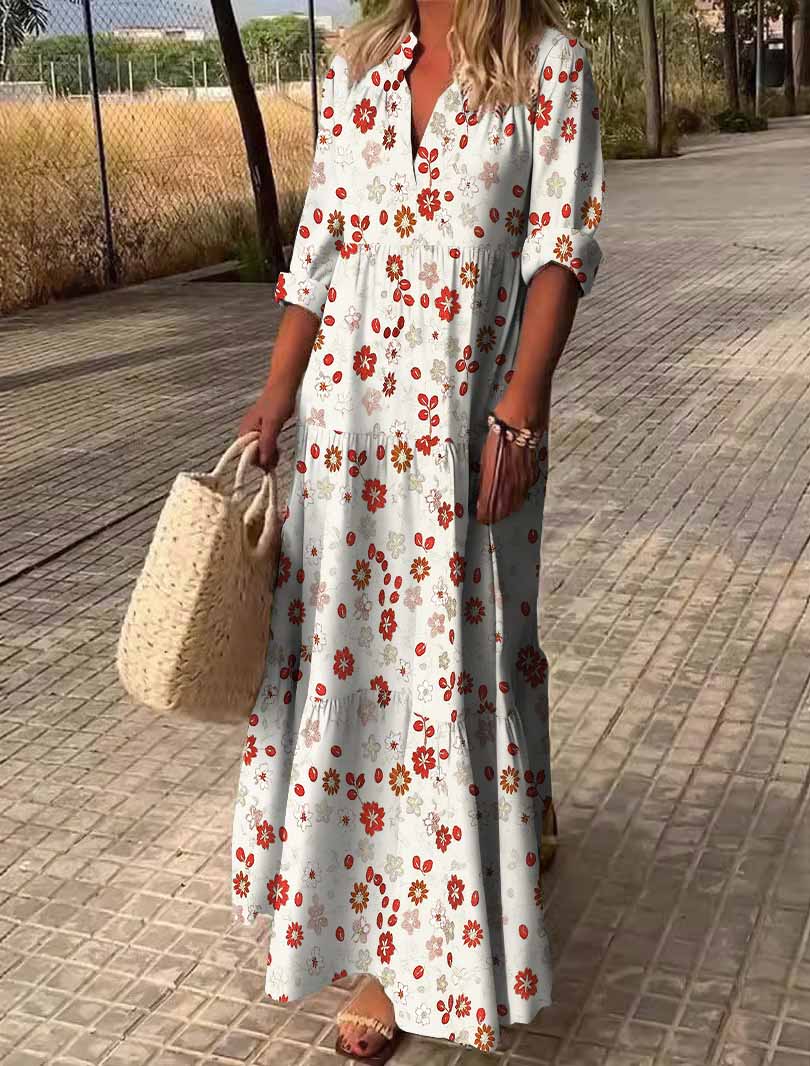Women Floral, Red, White DZDN0542 SPU Printed Long Sleeve V-neck Maxi Dress