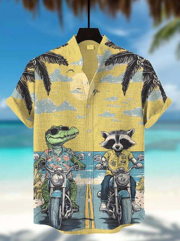 Men's Crocodile And Raccoon Riding Motorcycles Print Short Sleeve Shirt