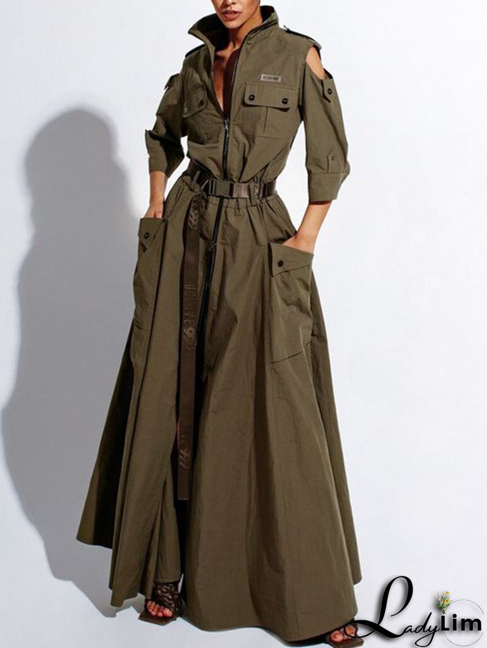 Casual Zipper Cold Shoulder High Cut Maxi Dress