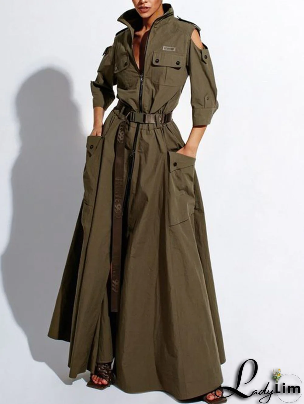 Casual Zipper Cold Shoulder High Cut Maxi Dress