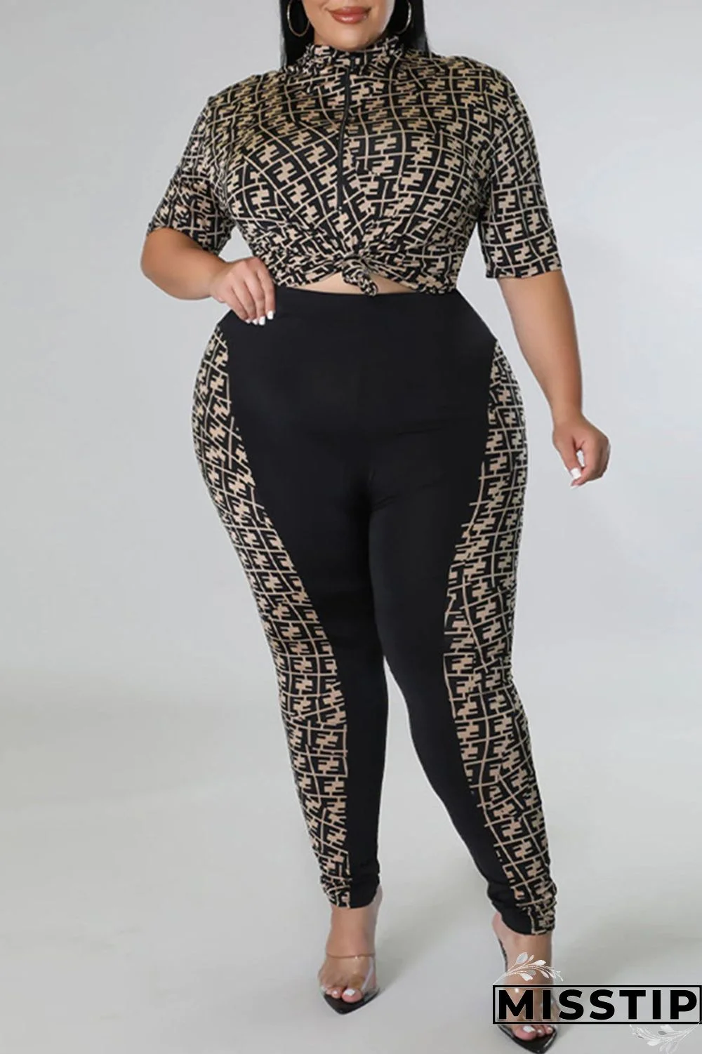 Black Fashion Casual Print Patchwork Zipper Collar Plus Size Two Pieces